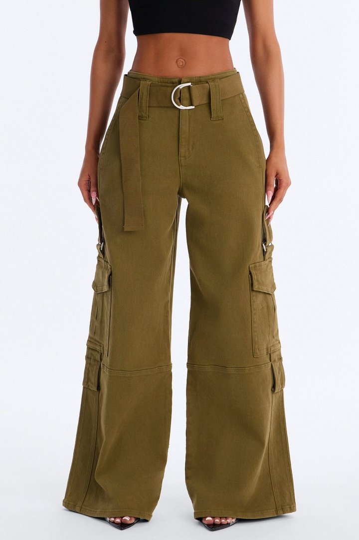 Natalia High Rise Cargo Belted Wide Leg Pant 33″ - Olive
