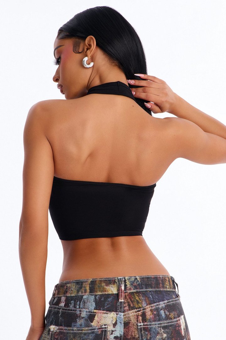 Hailey Everyday Ruched Bust Halter Top - Black