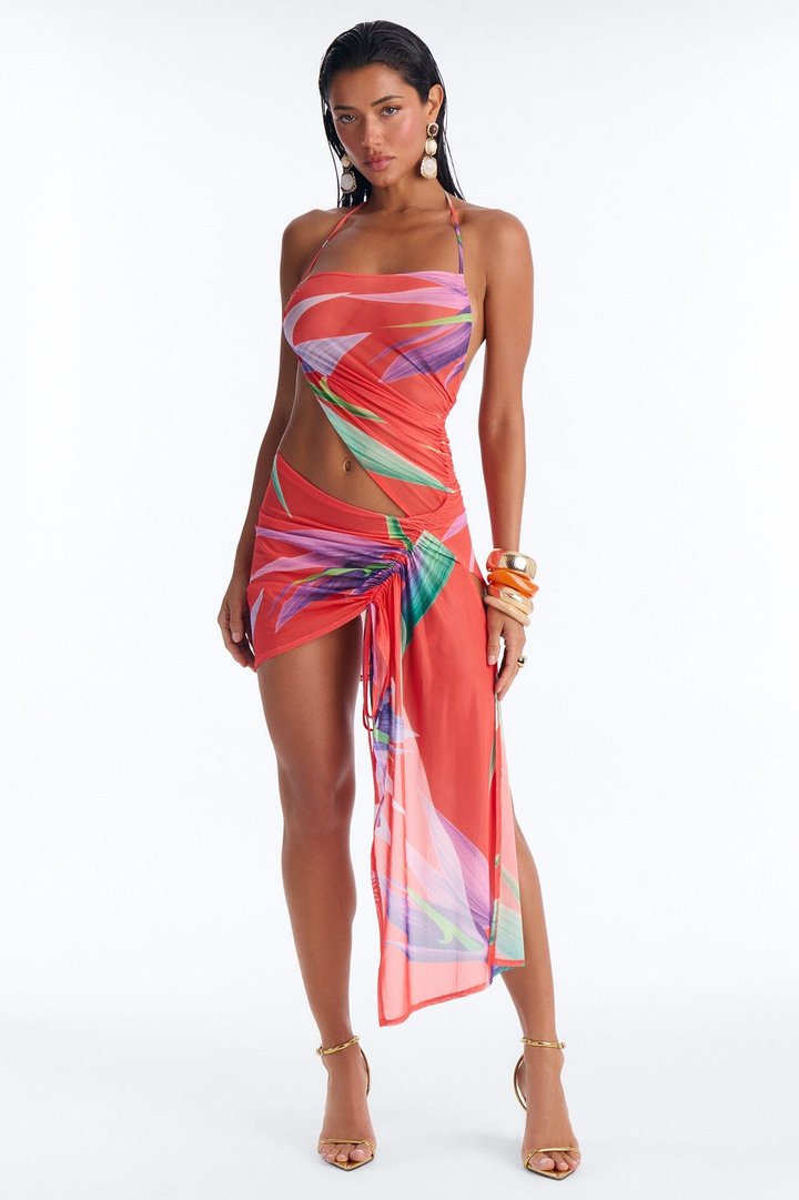 Island Temptation Cut Out Mesh Mini Dress - Coral/combo
