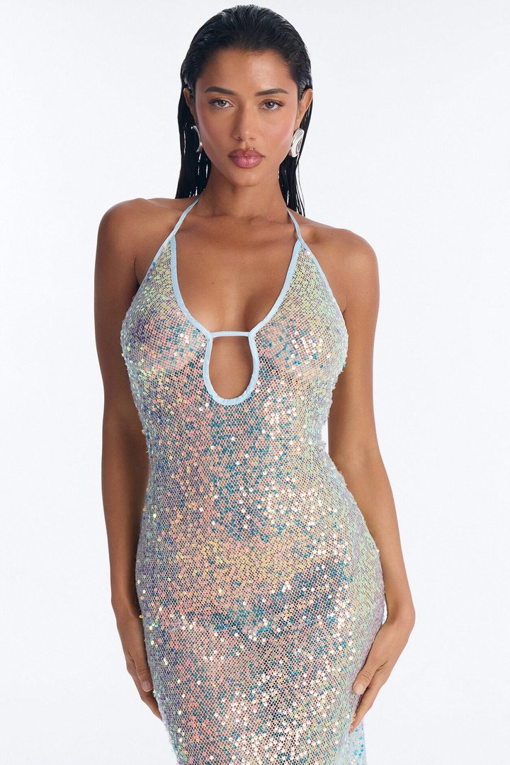Tropic Sequin Crochet Plunge Maxi Dress - Aqua
