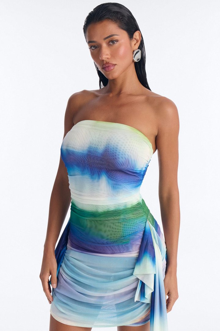 Cassia Tie Dye Strapless Mesh Mini Dress - Blue/combo