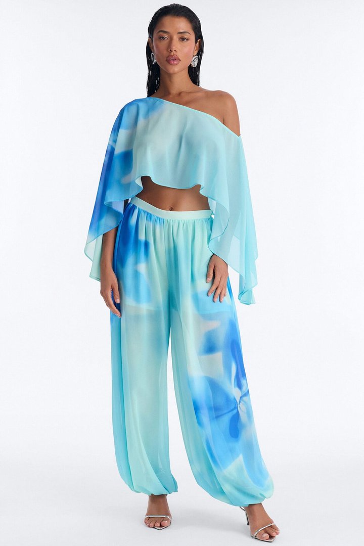 Laila Abstract Floral Chiffon Pant Set - Blue