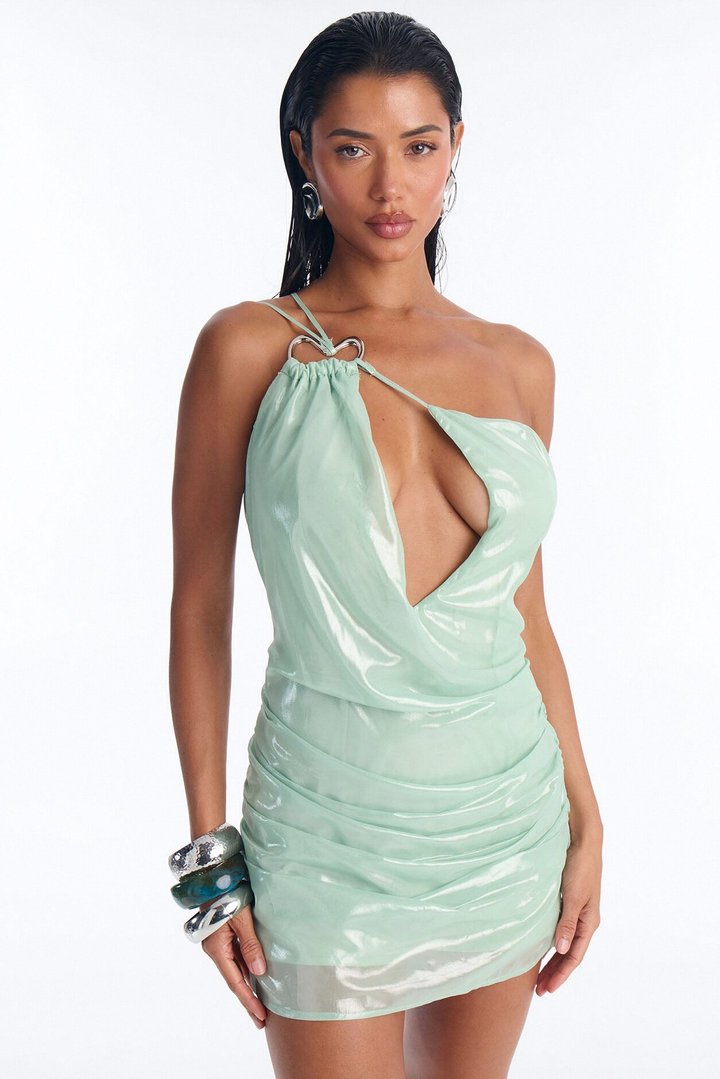 Moonlight Metallic Chiffon Cut Out Mini Dress - Mint