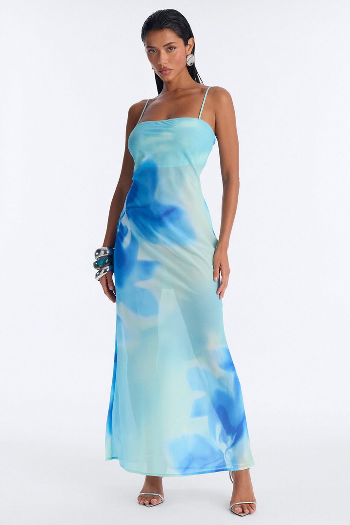Laila Abstract Floral Chiffon Maxi Dress - Blue