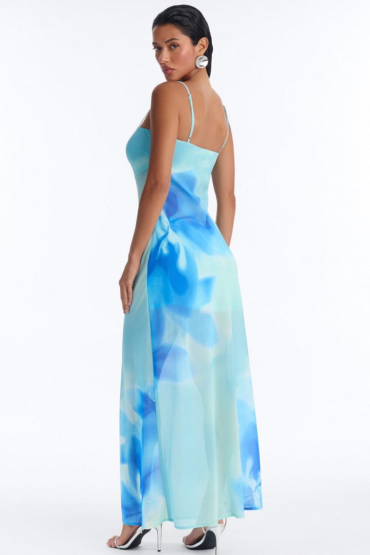 Laila Abstract Floral Chiffon Maxi Dress - Blue