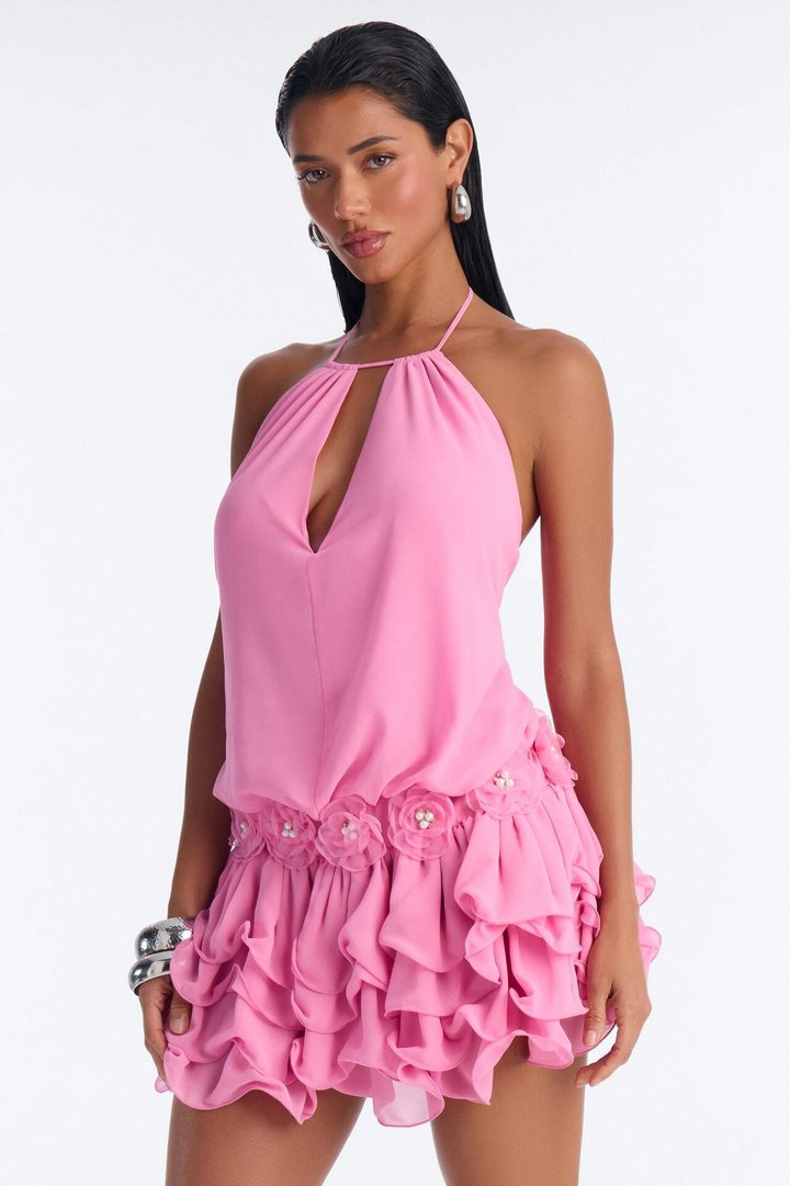 Cassandra Ruffle Chiffon Mini Dress - Pink
