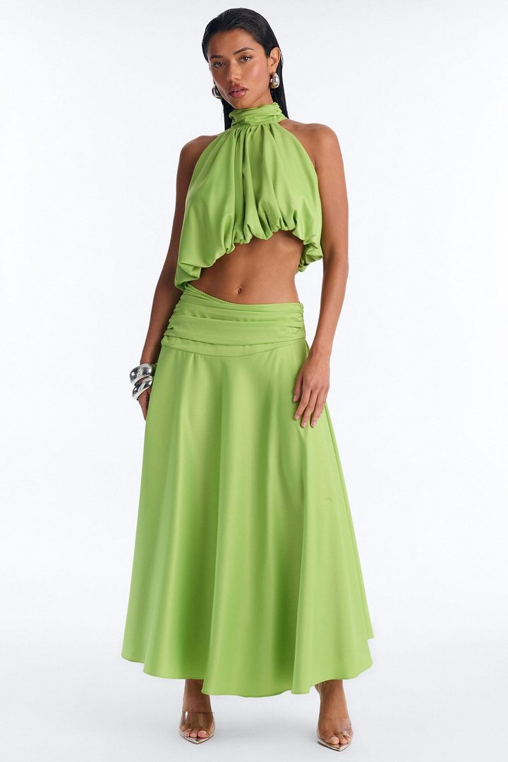 Gemma Satin Halter Skirt Set - Lime