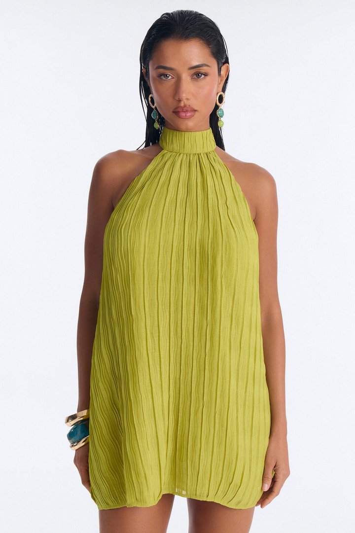 Juliet Plisse Chiffon Halter Mini Dress - Green