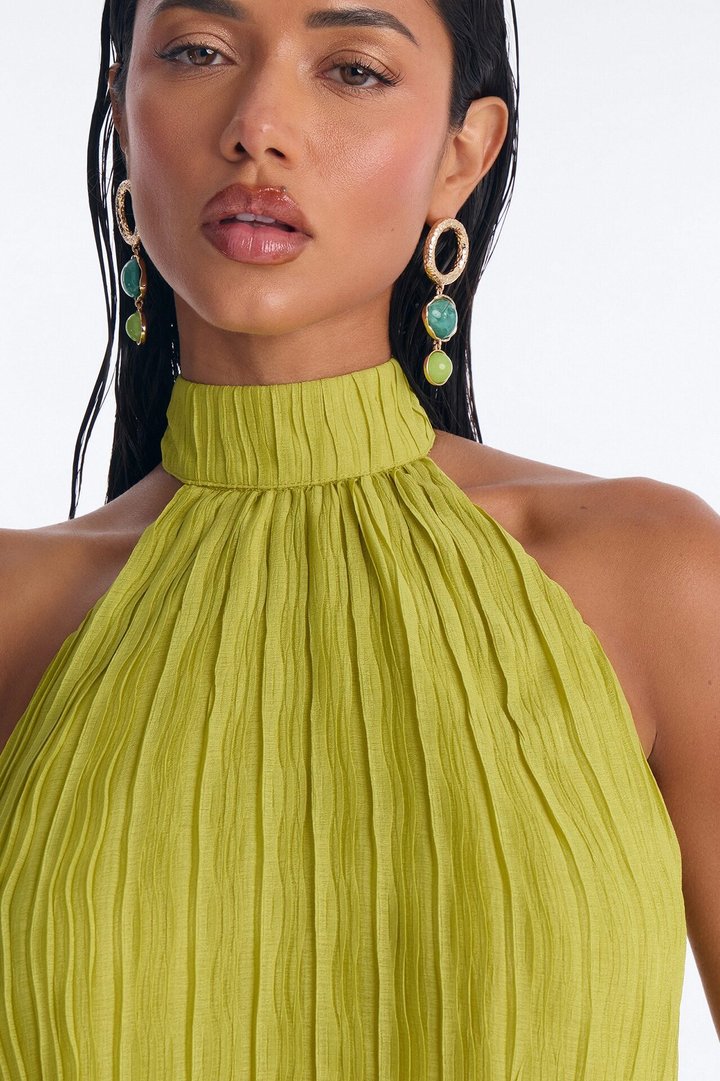 Juliet Plisse Chiffon Halter Mini Dress - Green