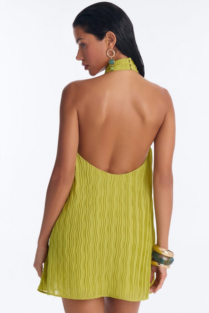Juliet Plisse Chiffon Halter Mini Dress - Green