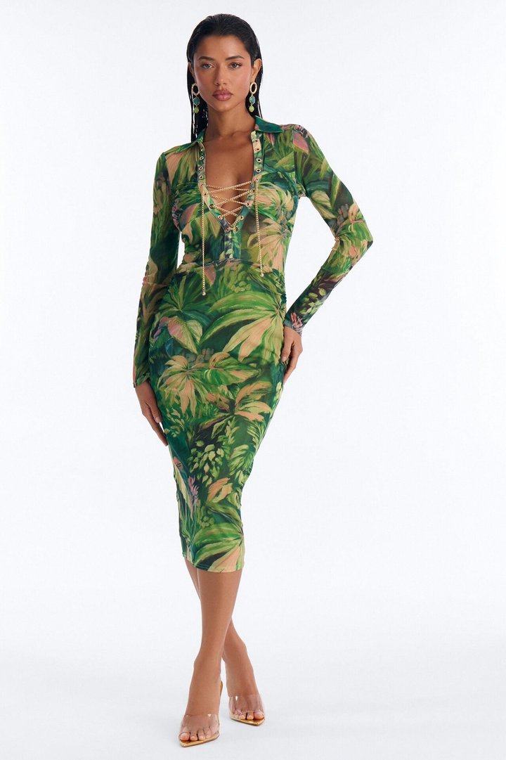 Dark Paradise Lace Up Mesh Midi Dress - Green/combo