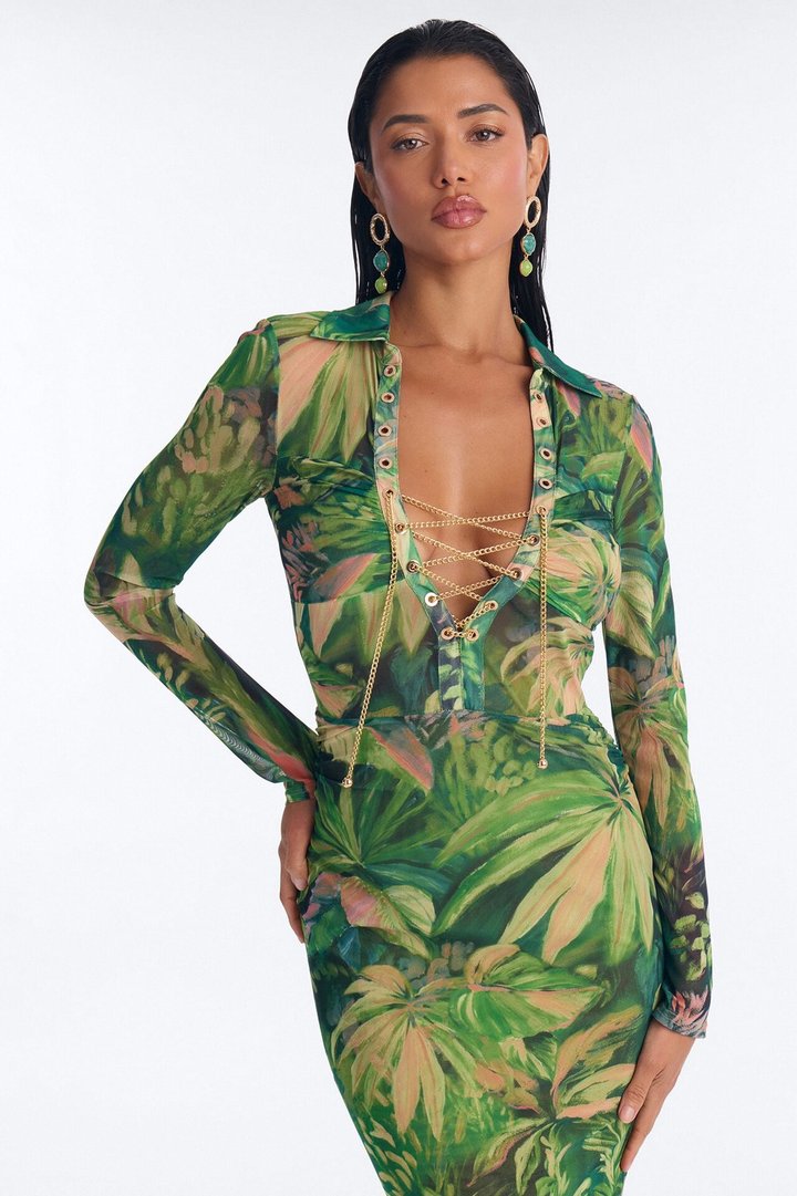 Dark Paradise Lace Up Mesh Midi Dress - Green/combo