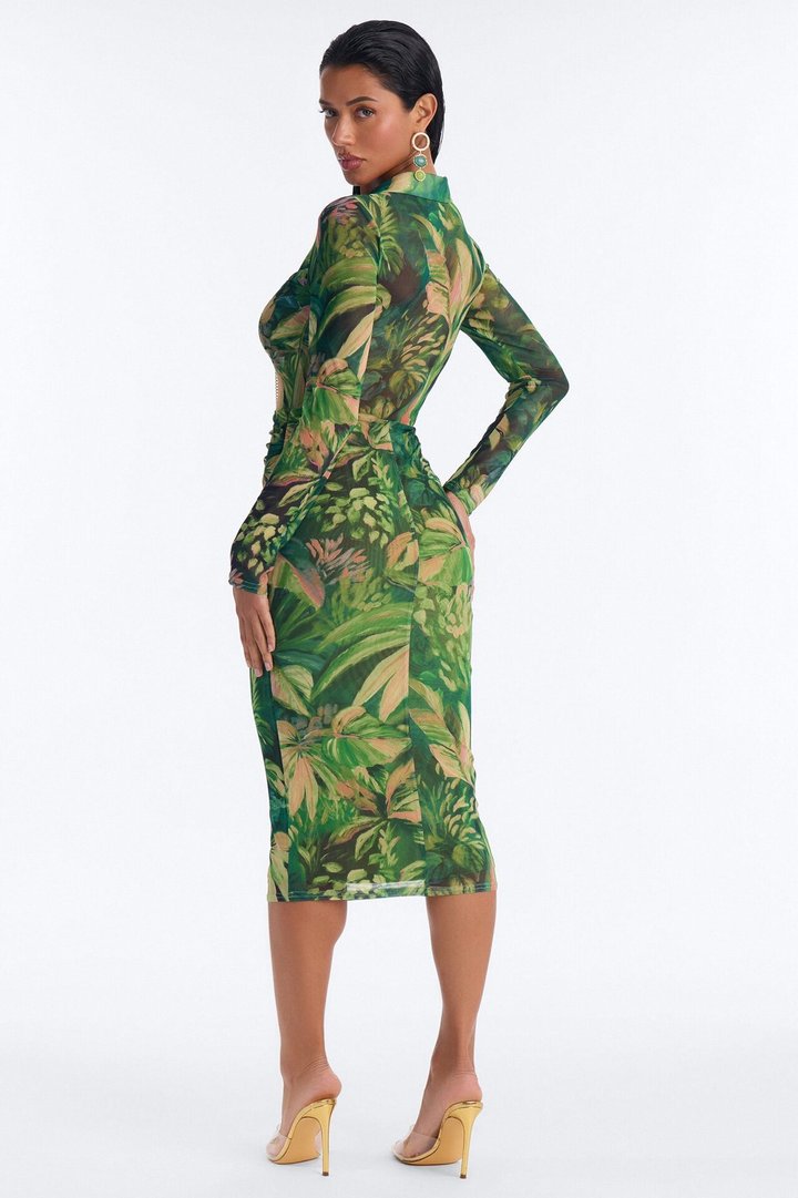 Dark Paradise Lace Up Mesh Midi Dress - Green/combo
