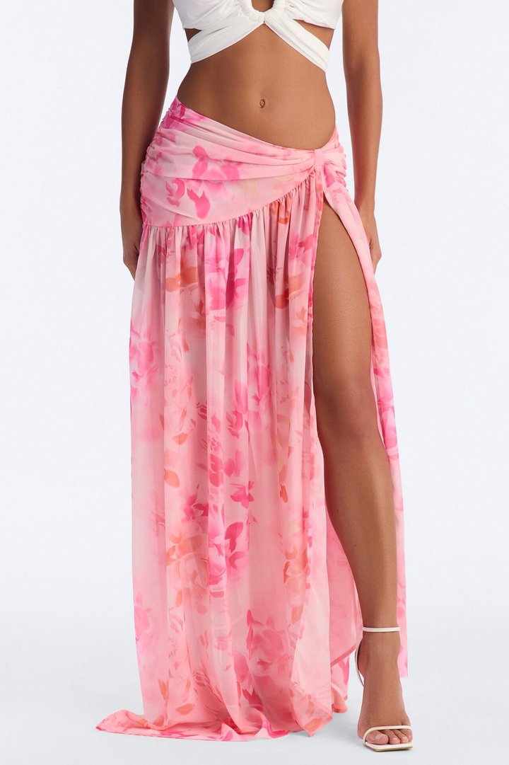 Summer Muse Floral Chiffon High Slit Maxi Skirt - Pink/combo