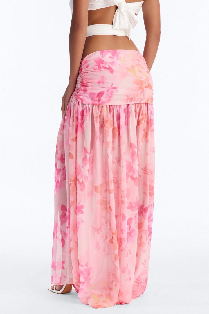 Summer Muse Floral Chiffon High Slit Maxi Skirt - Pink/combo