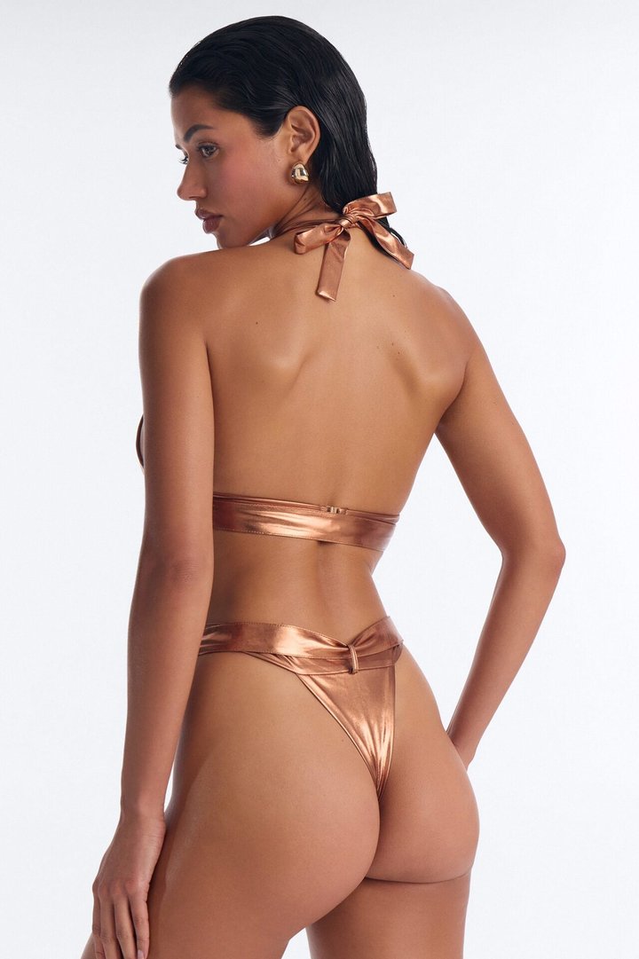 Honey Love Metallic 2 Piece Belted Bralette Bikini & High Waisted Bottom Set - Bronze