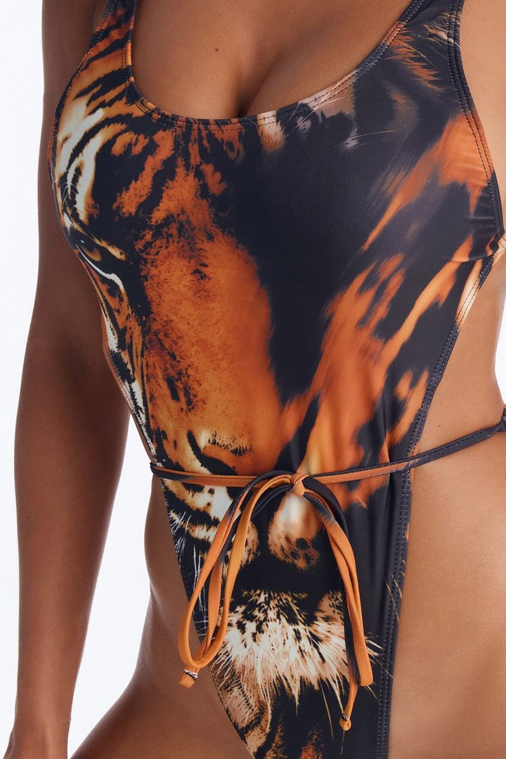 Under The Palm Trees Animal High Leg 1 Piece Swimsuit - Black/Orange