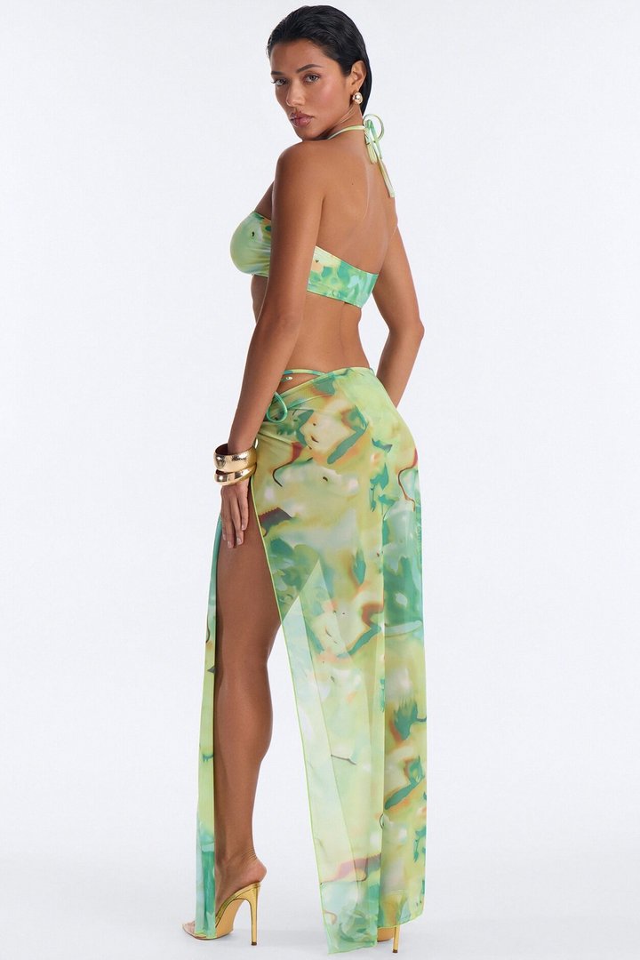 Suzanne 3 Piece Abstract Halter Bandeau Bikini & Mesh Cover Up Sarong Sunsuit - Green/combo