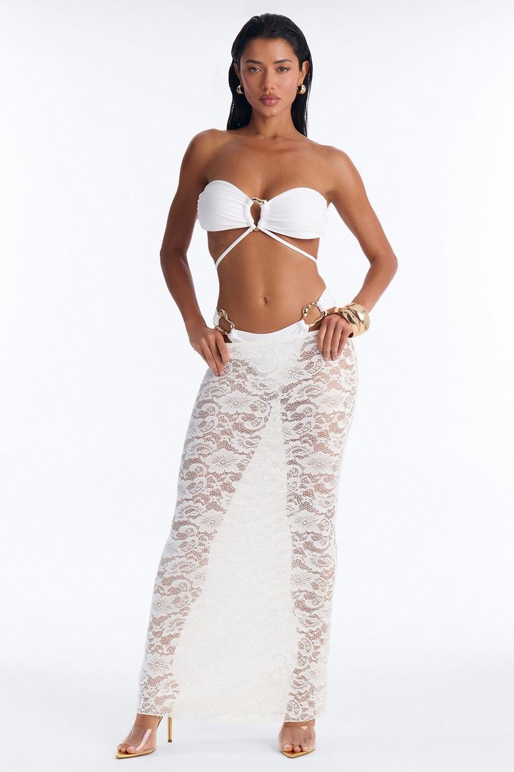 Naia 3 Piece Bandeau Bikini & Swim Cover Up Lace Maxi Skirt Sunsuit - White