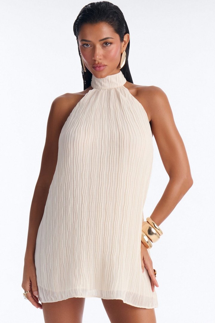 Juliet Plisse Chiffon Halter Mini Dress - Cream