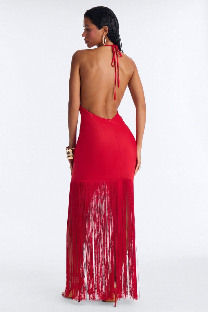 Brielle Satin Cowl Neck Fringe Maxi Dress - Red