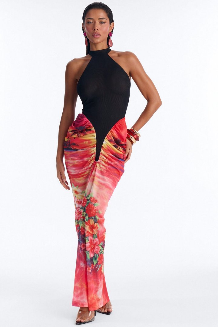 Carmen Ruched Mesh Maxi Dress - Black/combo