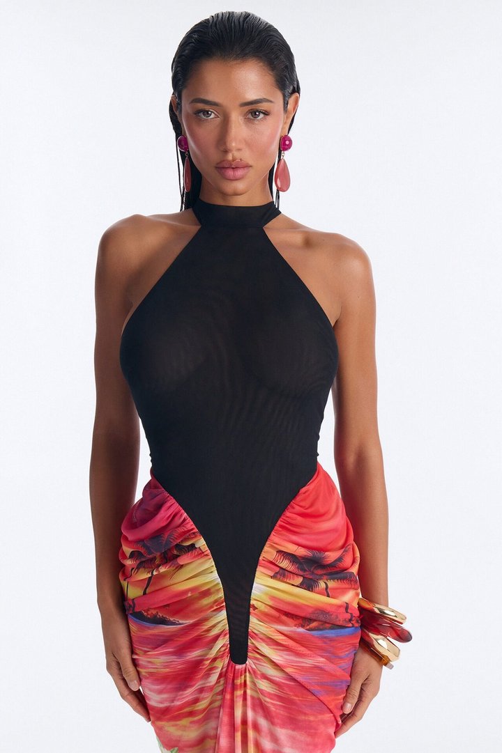Carmen Ruched Mesh Maxi Dress - Black/combo
