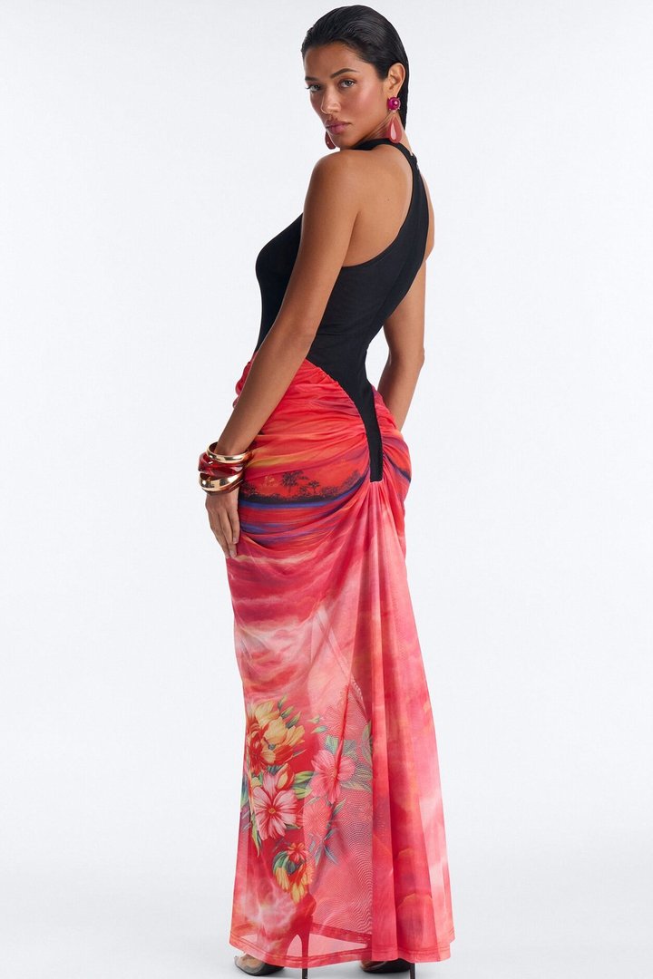 Carmen Ruched Mesh Maxi Dress - Black/combo