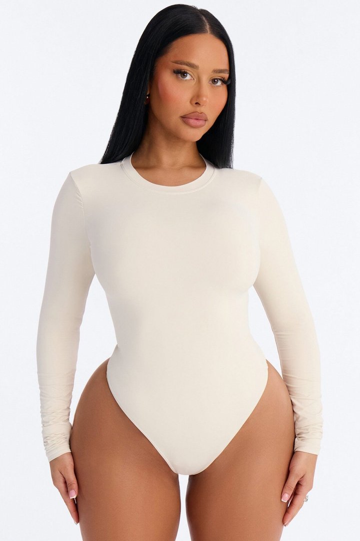 Second Skin Double Lined Crew Neck Long Sleeve Bodysuit - Bone