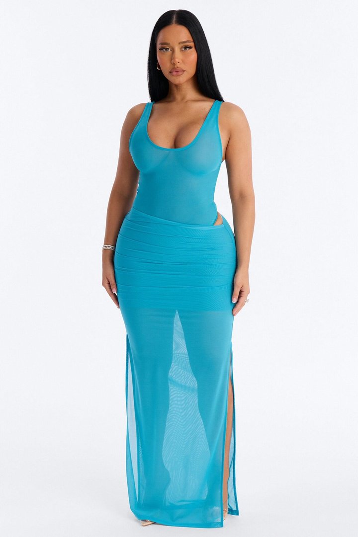 Power Mesh Deep U Neck Sleeveless Bodysuit - Blue