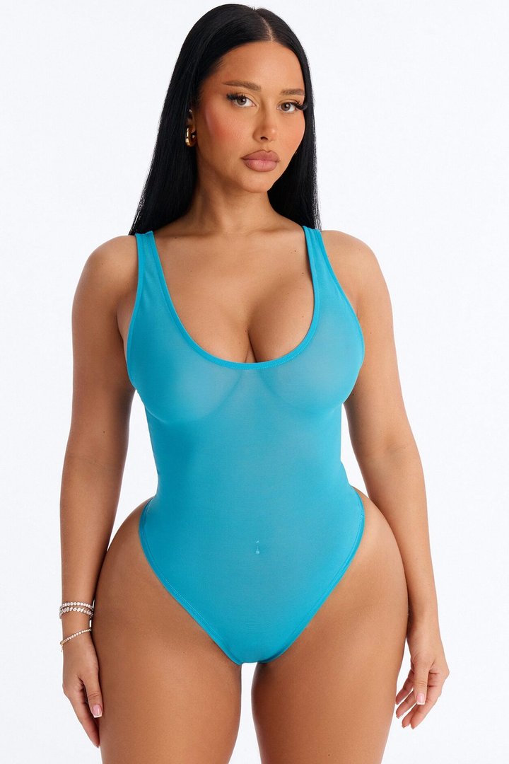 Power Mesh Deep U Neck Sleeveless Bodysuit - Blue