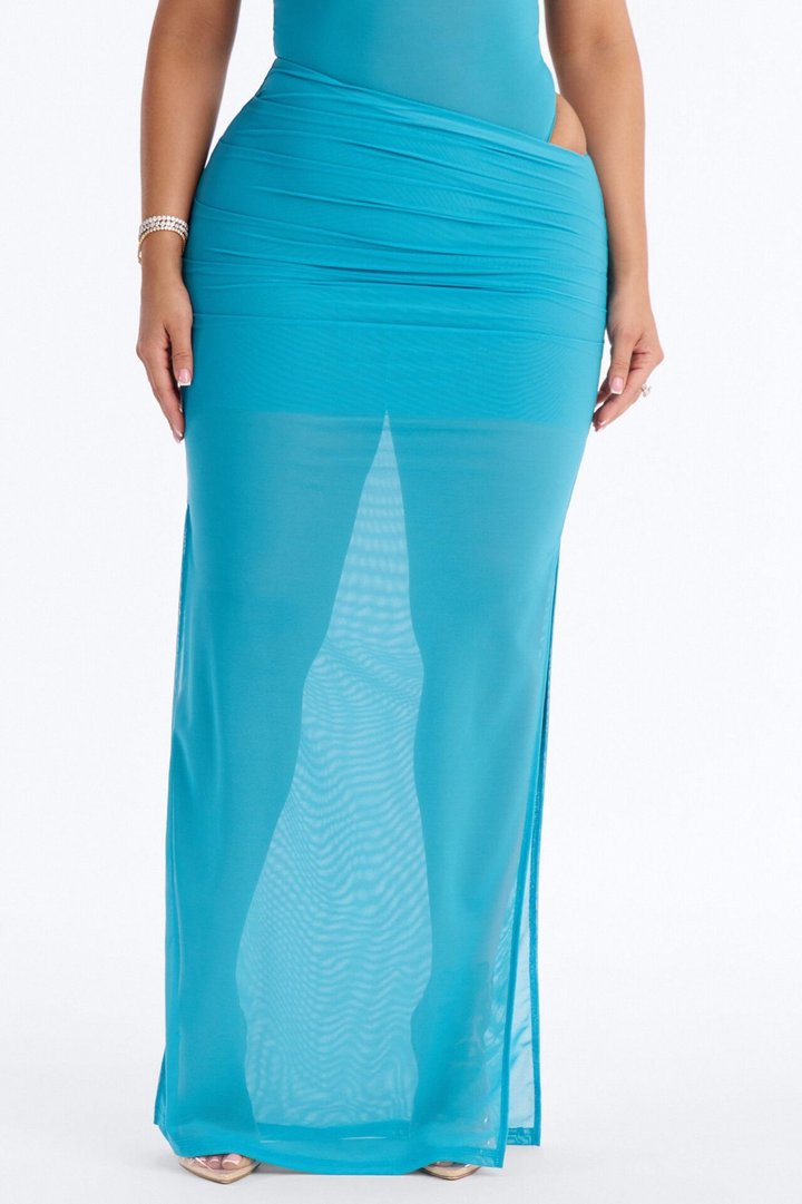 Power Mesh Ruched Maxi Skirt - Blue