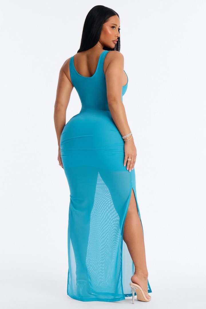 Power Mesh Ruched Maxi Skirt - Blue