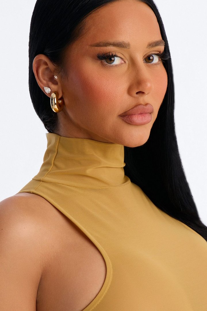 Power Mesh Turtle Neck Sleeveless Bodysuit - Honey