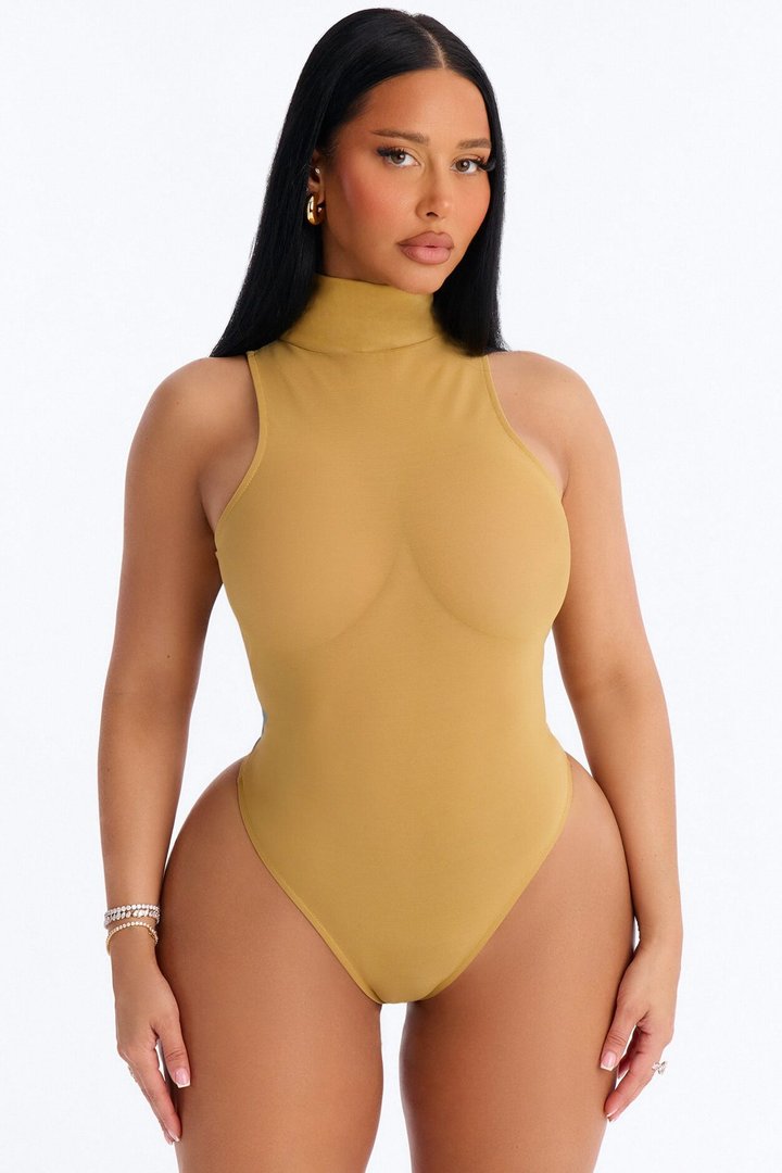 Power Mesh Turtle Neck Sleeveless Bodysuit - Honey