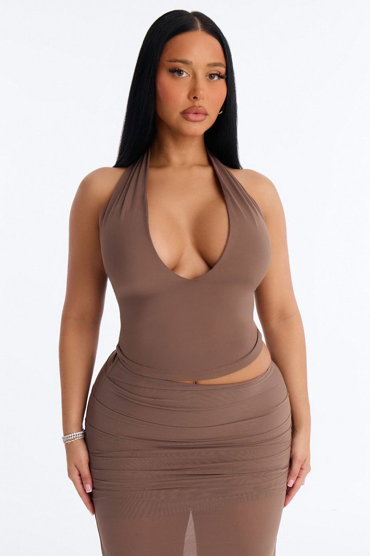 Second Skin Double Lined Deep V-Neck Halter Top - Brown