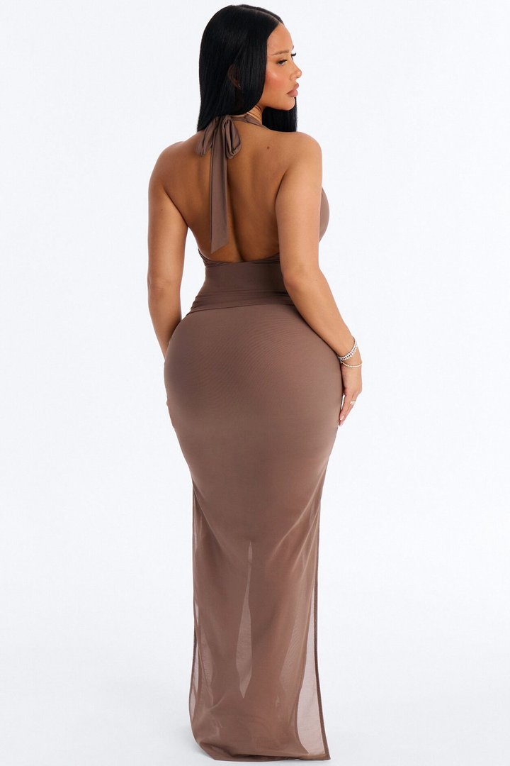 Power Mesh Ruched Maxi Skirt - Brown