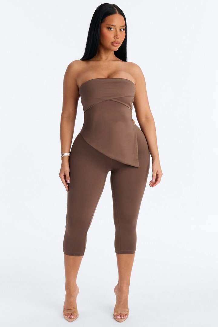 Contour Double Lined Asymmetrical Split Tube Top - Brown