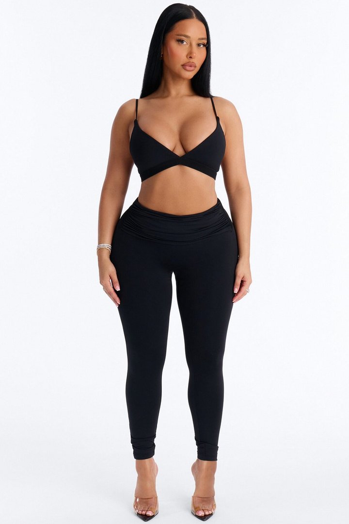 Second Skin Double Lined Ruched Foldover Leggings - Black