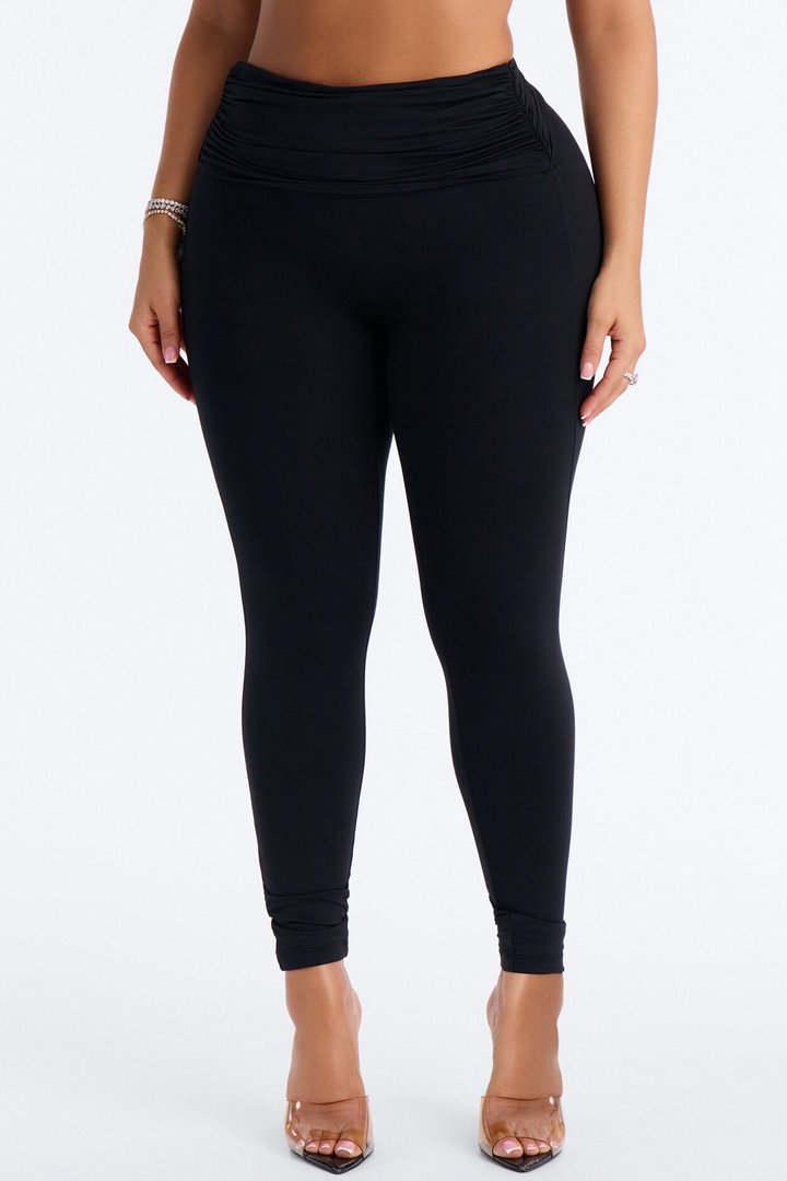 Second Skin Double Lined Ruched Foldover Leggings - Black