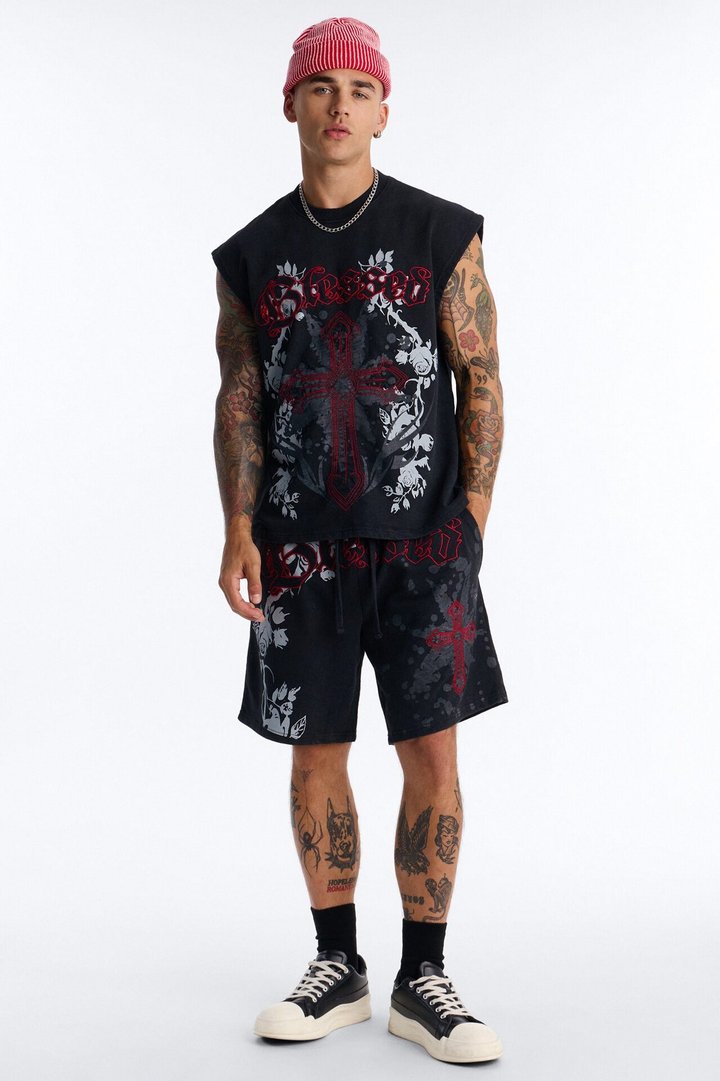 Blessed Roses Embroidered Patch French Terry Muscle Tee - Black Wash