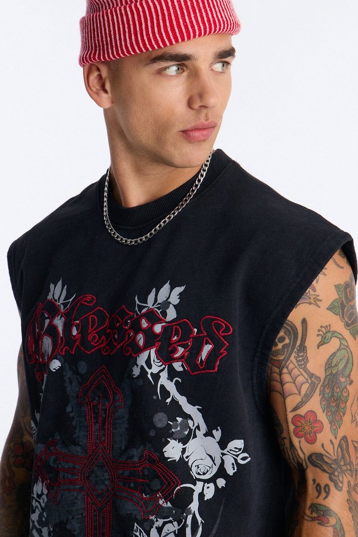 Blessed Roses Embroidered Patch French Terry Muscle Tee - Black Wash