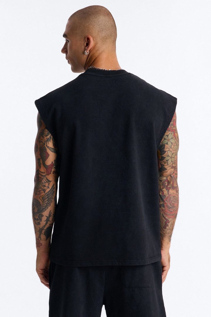 Blessed Roses Embroidered Patch French Terry Muscle Tee - Black Wash
