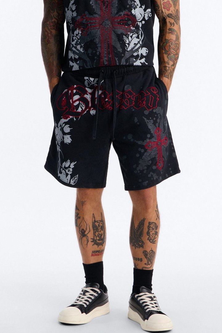 Blessed Roses Embroidered Patch Relaxed Sweatshort - Black Wash
