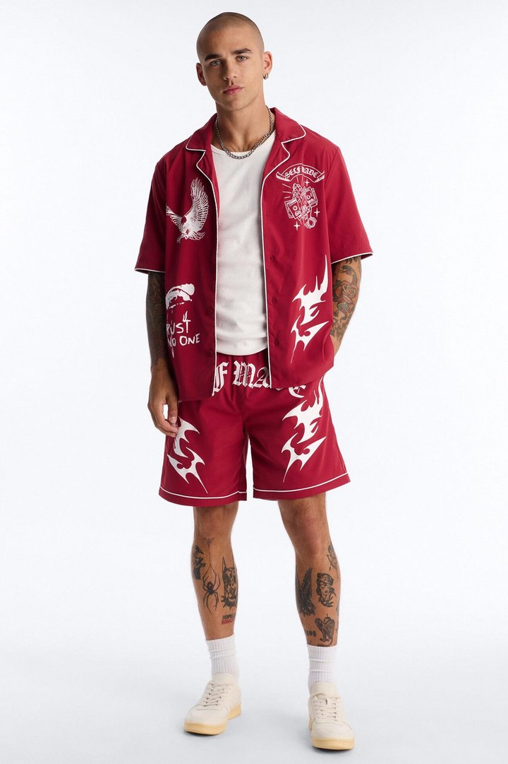 Relaxed Self Made Vandal Cuban Collar Button Up Shirt - Red