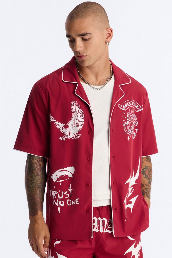 Relaxed Self Made Vandal Cuban Collar Button Up Shirt - Red