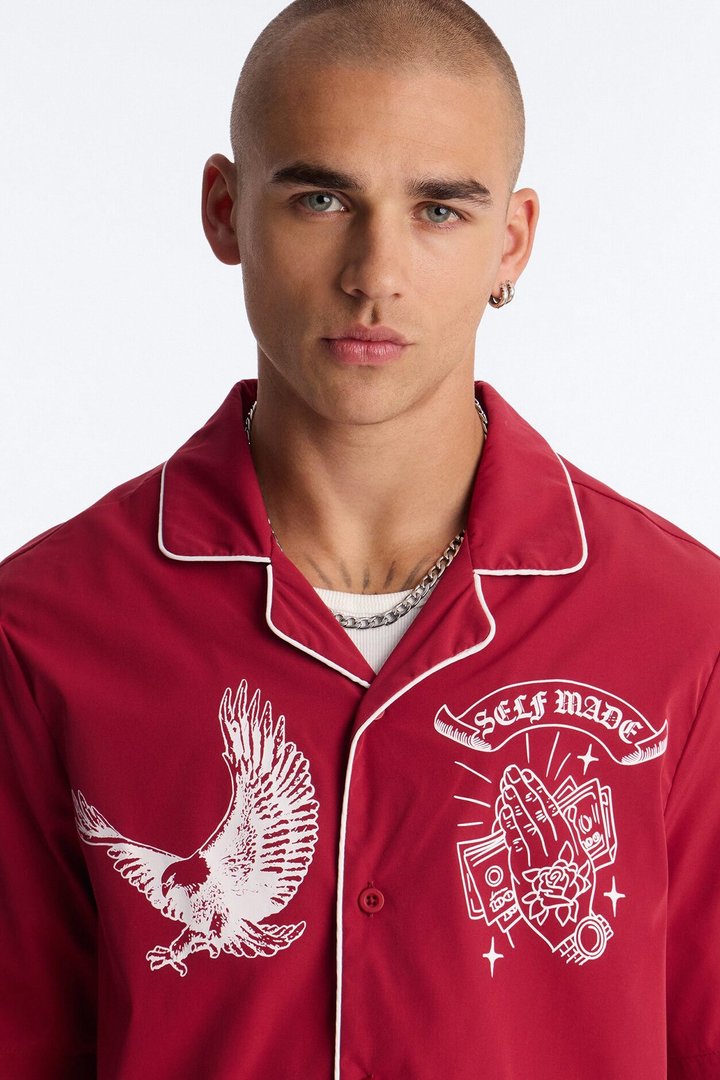 Relaxed Self Made Vandal Cuban Collar Button Up Shirt - Red