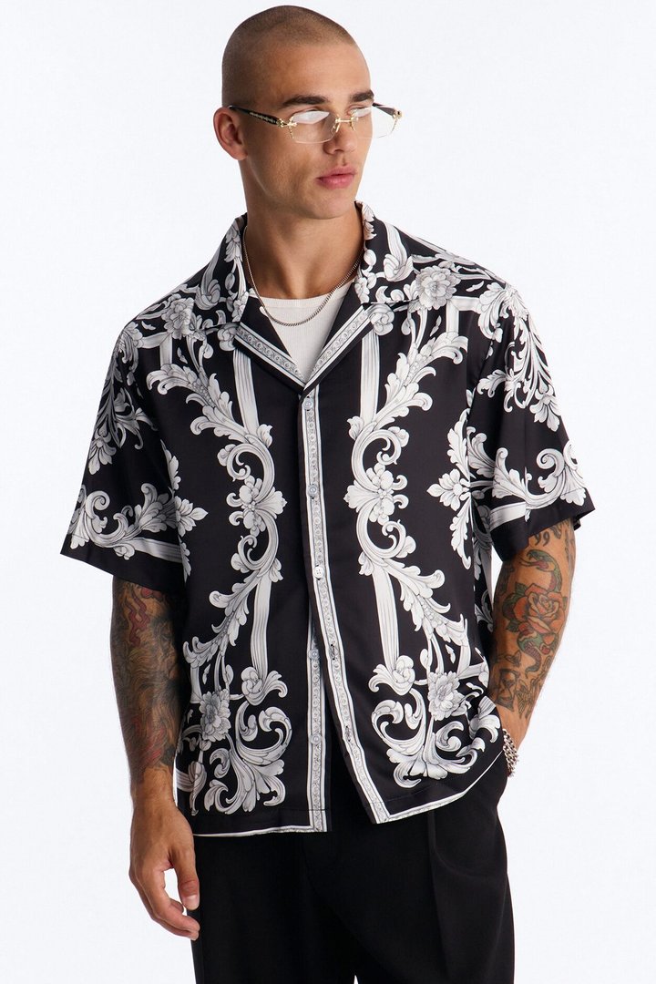 Grecian Baroque Button Up Shirt - Black/combo