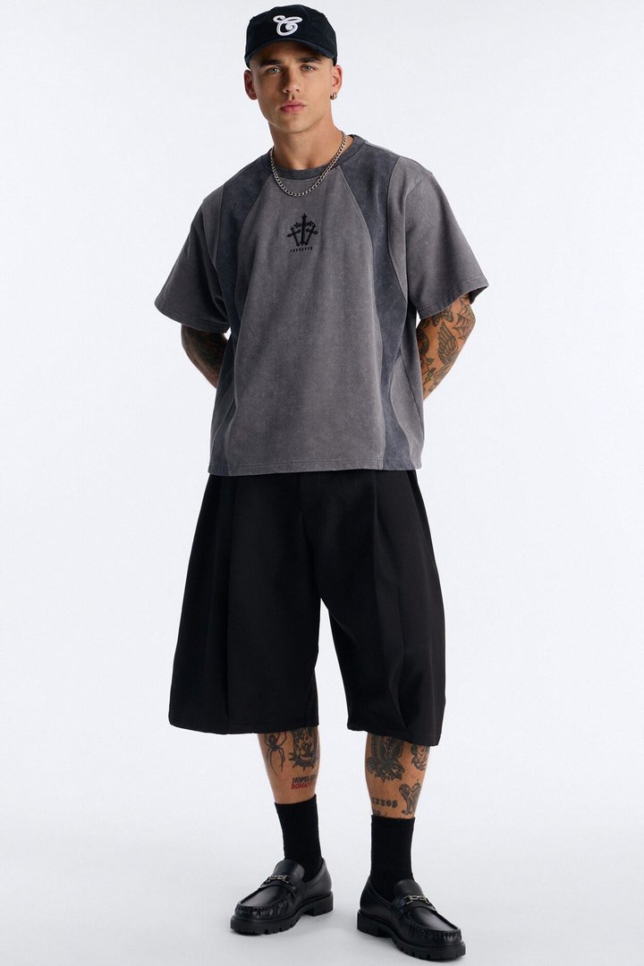 Forsaken Embroidery Paneled Fleece Tee - Grey