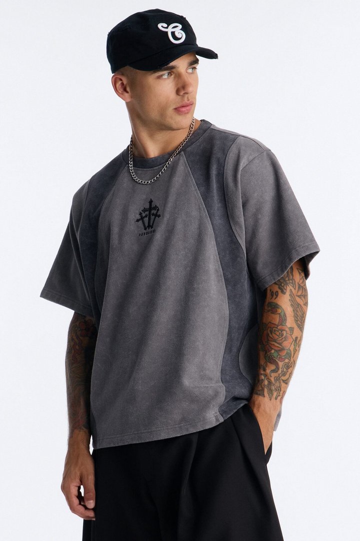 Forsaken Embroidery Paneled Fleece Tee - Grey